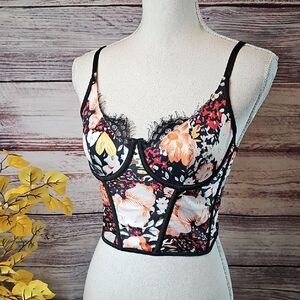 NEW SHEIN BLACK FLORAL EYELASH TRIM UNDERWIRE CORSET